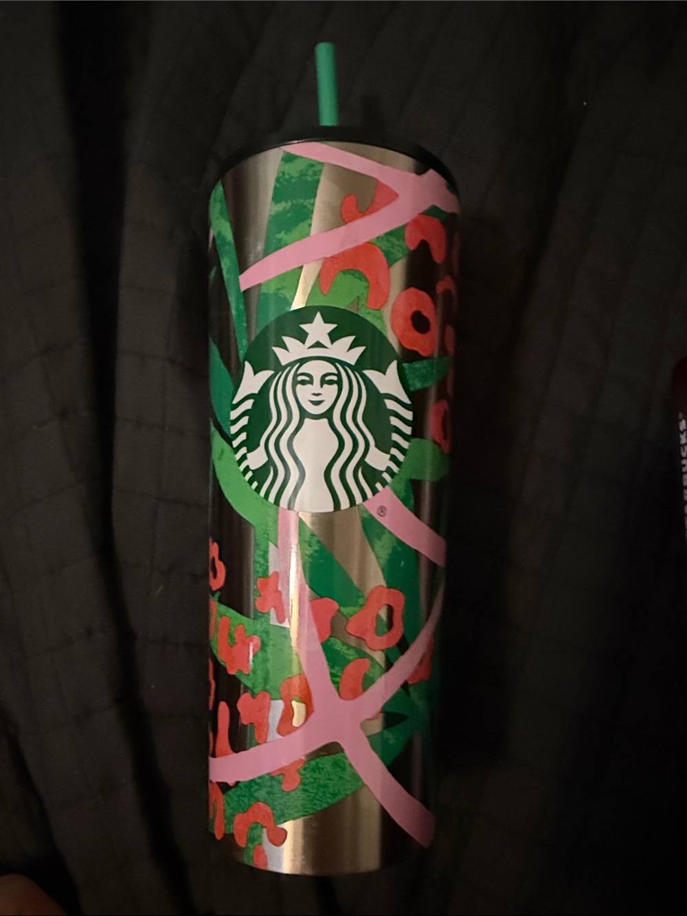 Starbucks 24oz Stainless Steel Tumbler with Green, Pink, Red Floral Accent